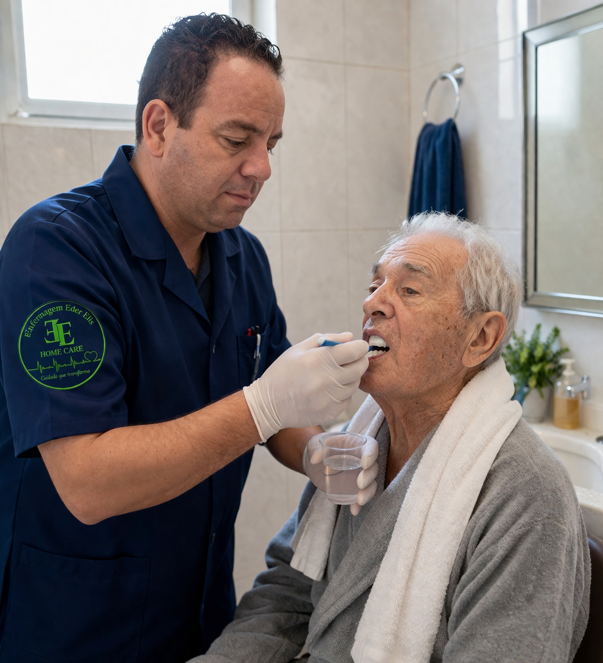 Profissional da Eder e Elis Home Care prestando atendimento domiciliar a uma pessoa idosa